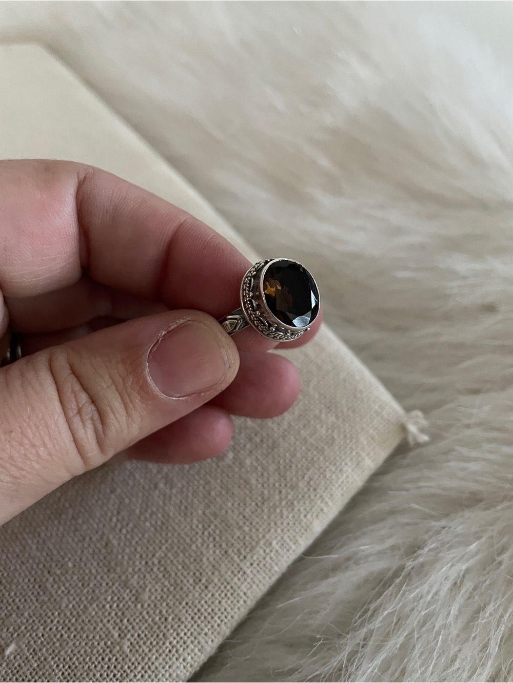 Vintage Sterling Silver Adjustable Ring W/ Smokey Quartz